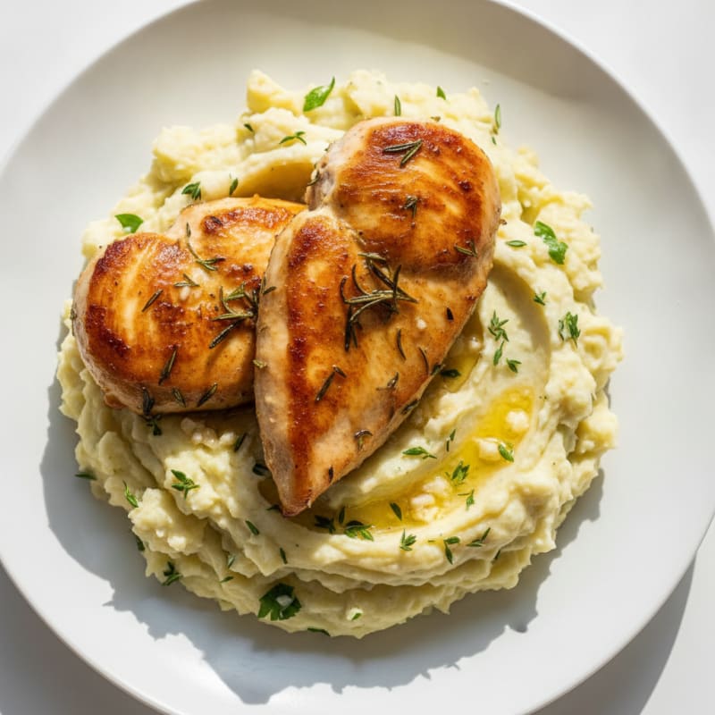 Buttery Garlic Herb Mashed Potatoes with Pan-Seared Chicken