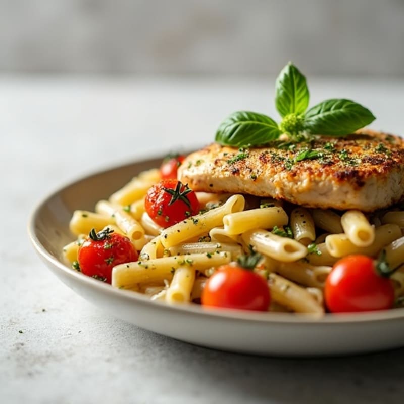 Creamy Pesto Chicken Whole Wheat Pasta with Blistered Tomatoes