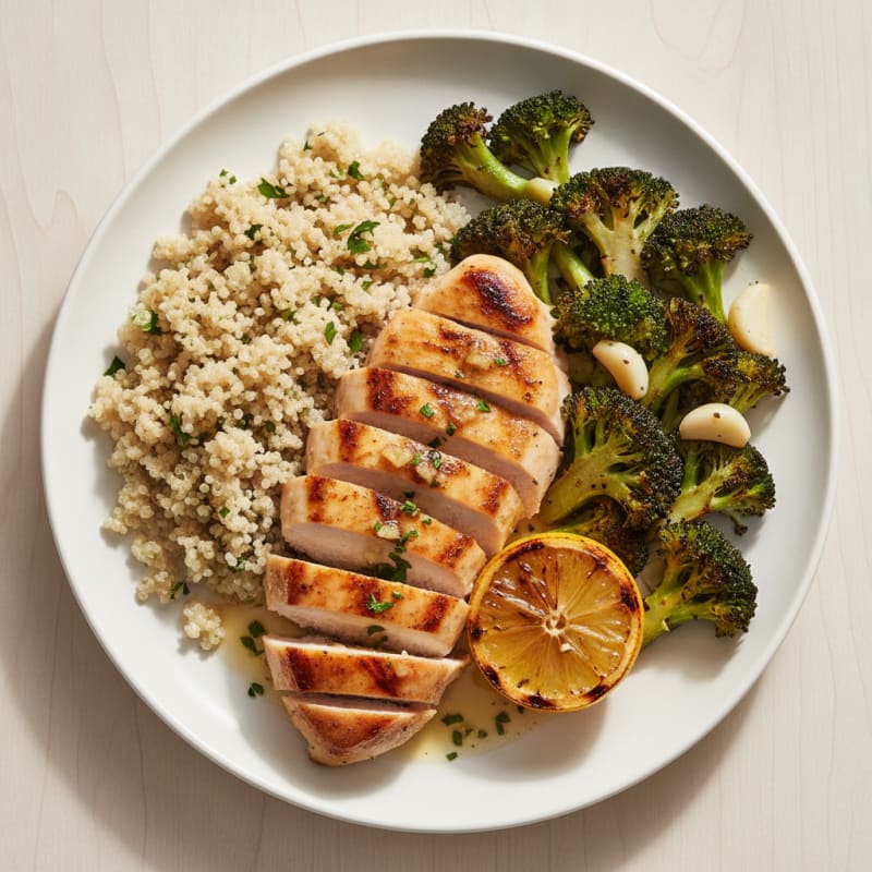 Grilled Lemon Garlic Chicken Breast with Quinoa and Roasted Broccoli