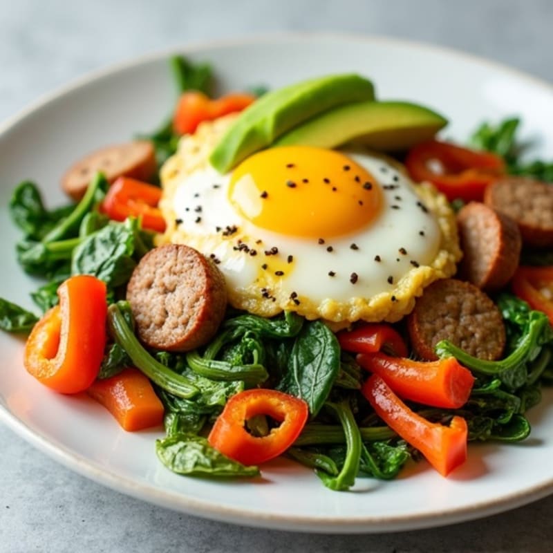Egg White and Turkey Sausage Scramble with Spinach and Bell Peppers