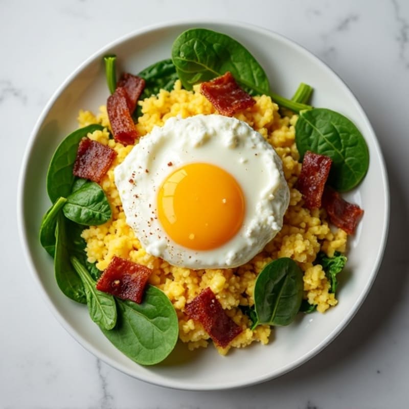 Egg White Spinach Scramble with Cottage Cheese and Turkey Bacon