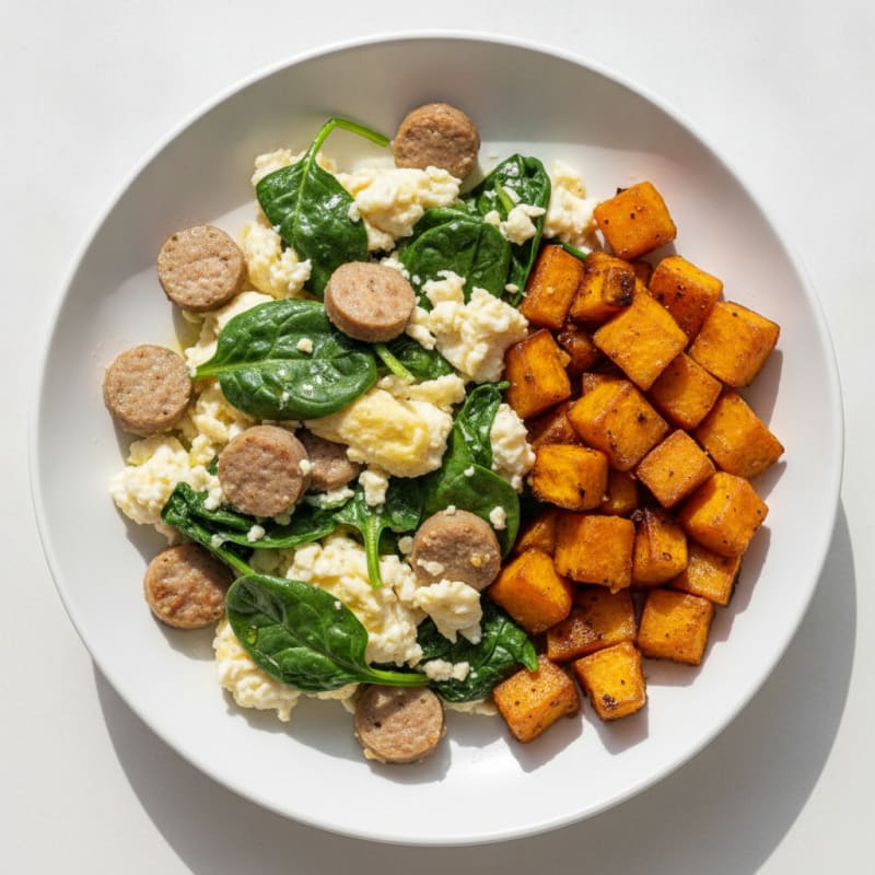 Egg White and Turkey Sausage Scramble with Spinach and Roasted Sweet Potato