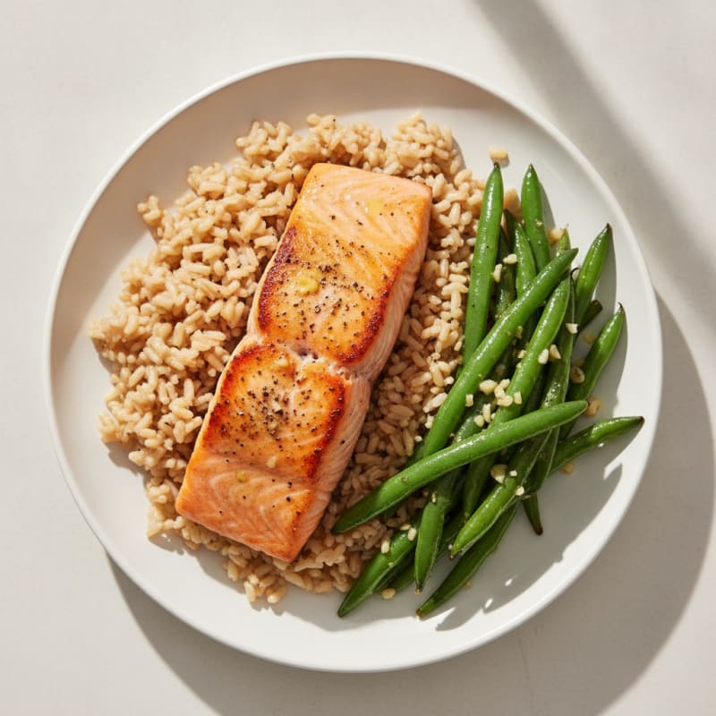 Seared Salmon Fillet with Garlic Green Beans and Brown Rice