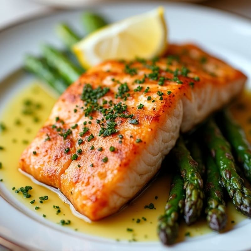 Crispy Pan-Seared Salmon with Roasted Asparagus and Lemon