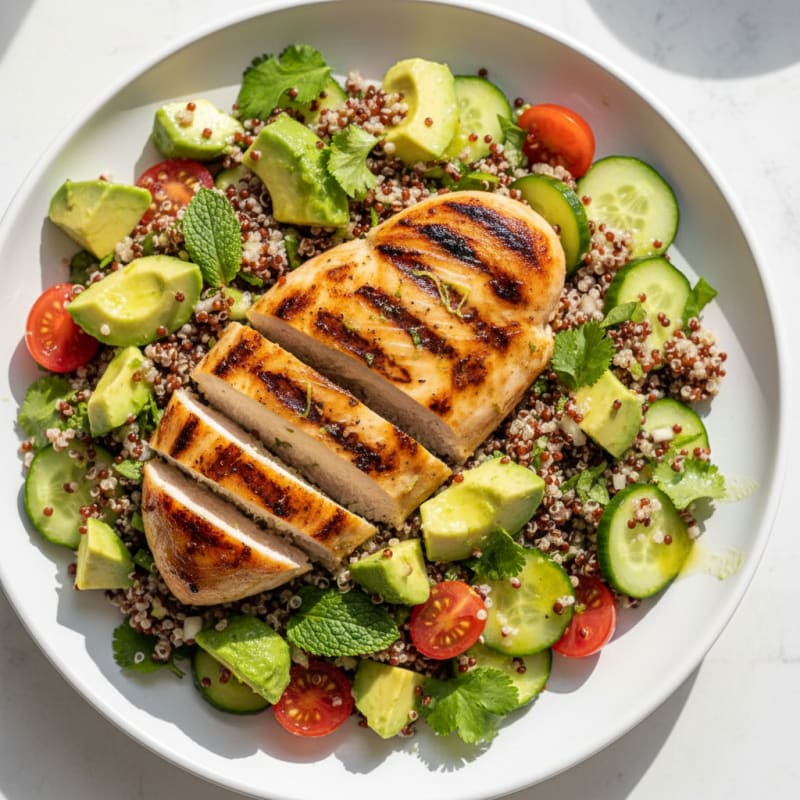 Grilled Chicken Breast with Creamy Avocado Quinoa Salad