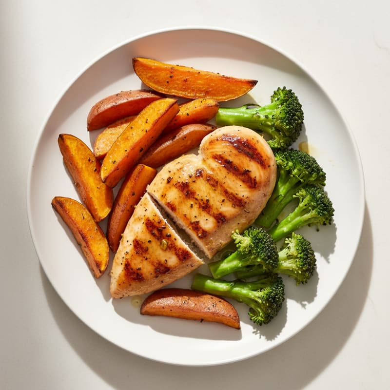 Grilled Chicken Breast with Roasted Sweet Potatoes and Steamed Broccoli