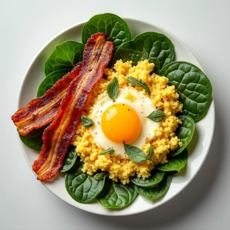 Egg White Spinach Scramble with Grilled Turkey Bacon