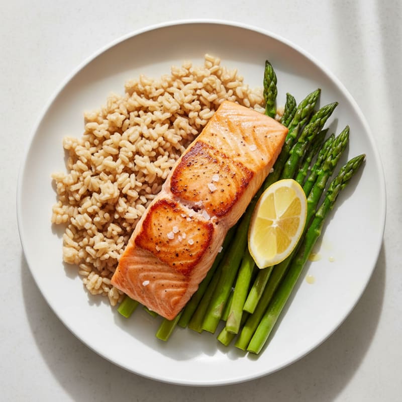 Seared Salmon with Steamed Asparagus and Brown Rice
