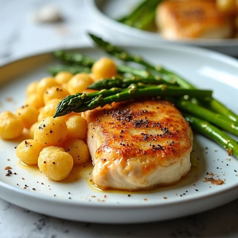 Pan-Seared Chicken with Crispy Gnocchi and Roasted Asparagus