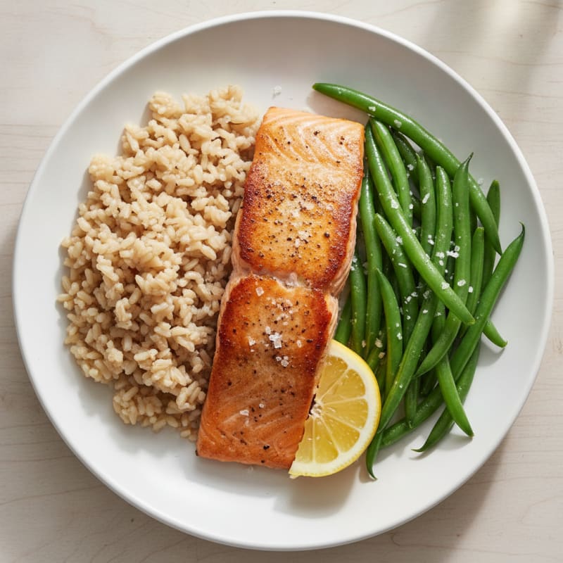 Seared Salmon with Steamed Green Beans and Brown Rice