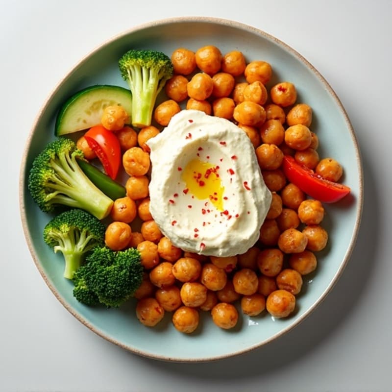 Crispy Roasted Vegetable and Chickpea Plate with Creamy Hummus