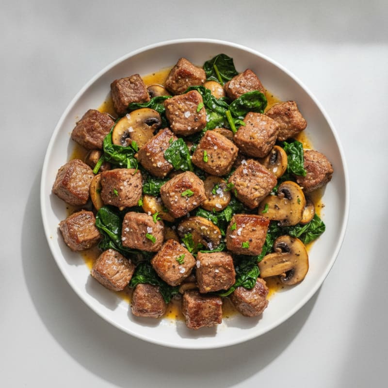 Garlic Butter Steak Bites with Mushrooms and Spinach