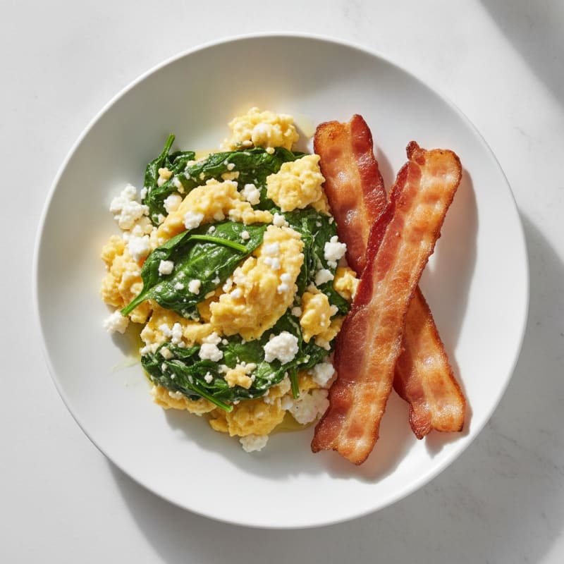 Cottage Cheese Egg Scramble with Sautéed Spinach and Turkey Bacon