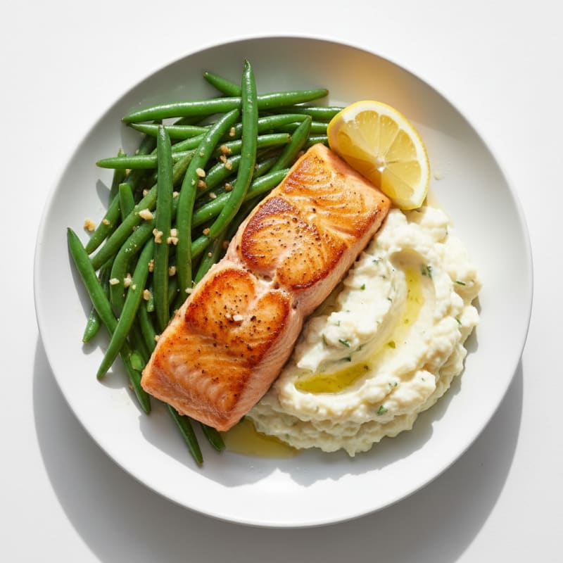 Seared Salmon with Garlic Green Beans and Mashed Cauliflower
