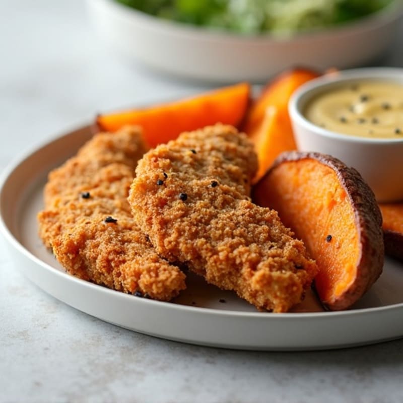Crispy Baked Chicken Strips with Roasted Sweet Potato Wedges