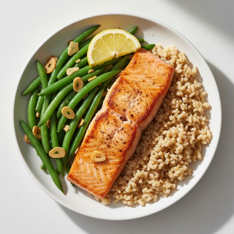Seared Salmon with Garlic Green Beans and Brown Rice