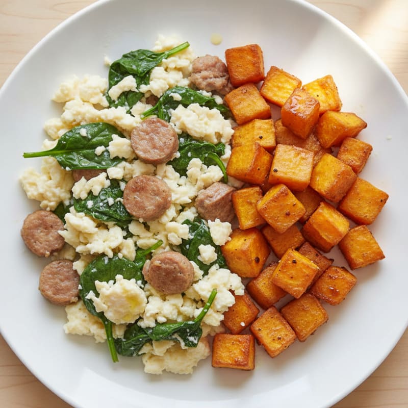 Egg White and Turkey Sausage Scramble with Spinach and Roasted Sweet Potato