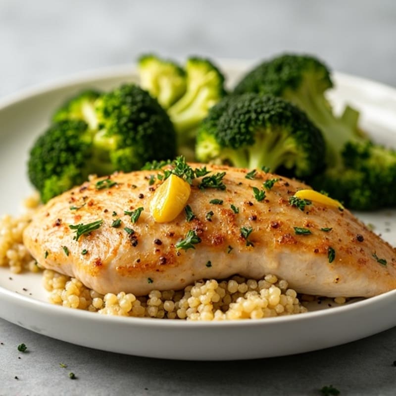 Herb-Crusted Lemon Garlic Chicken Breast with Roasted Broccoli & Quinoa
