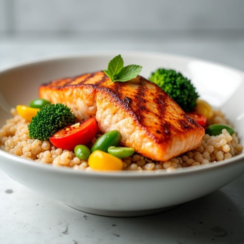Pan-Seared Salmon and Crispy Vegetable Rice Bowl
