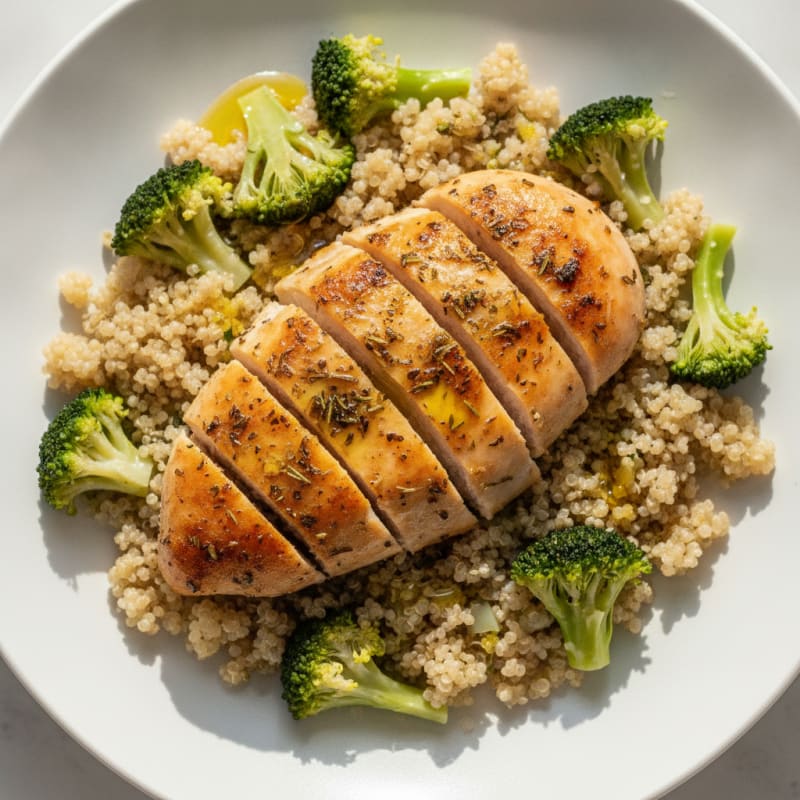Herb-Roasted Chicken Breast with Steamed Broccoli and Quinoa