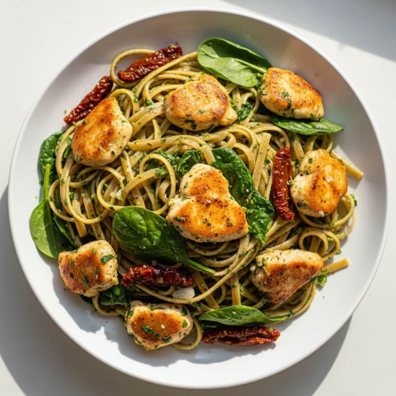 Pesto Chicken Linguine with Sun-Dried Tomatoes