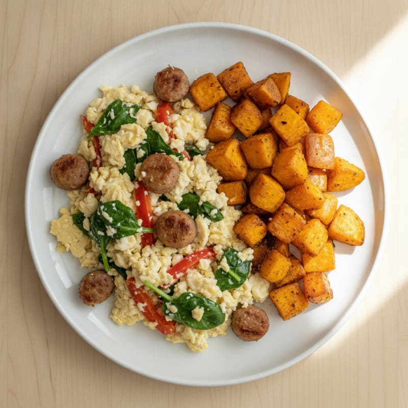 Egg White Scramble with Turkey Sausage and Roasted Sweet Potatoes