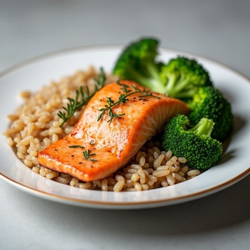 Seared Salmon with Steamed Broccoli and Brown Rice