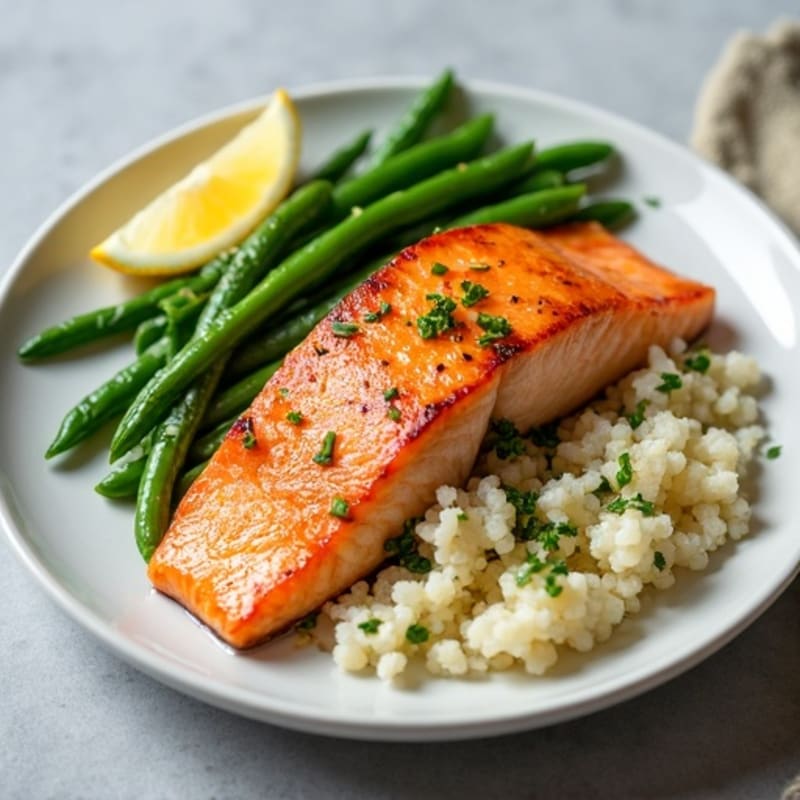 Seared Salmon Fillet with Crispy Green Beans and Cauliflower Rice