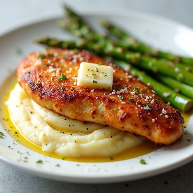 Crispy Pan-Seared Chicken with Buttery Garlic Mashed Potatoes and Roasted Asparagus