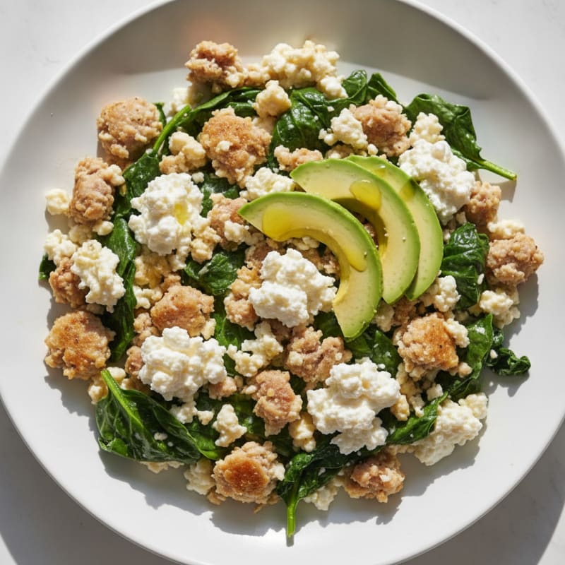 Egg White and Turkey Sausage Scramble with Spinach and Cottage Cheese