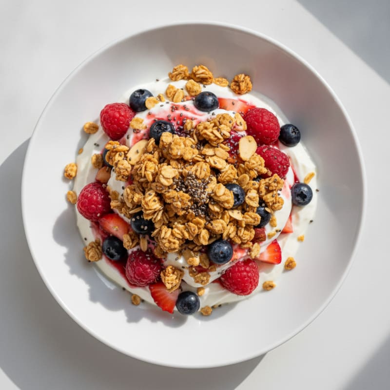 Creamy Greek Yogurt Parfait with Crunchy Almond Granola and Mixed Berries