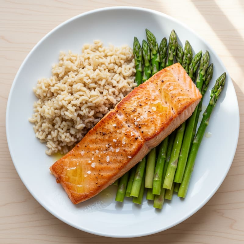 Seared Salmon with Steamed Asparagus and Brown Rice