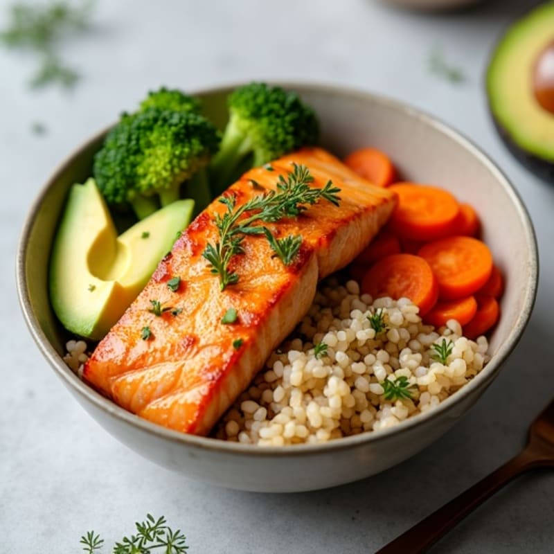Baked Ginger-Soy Salmon Brown Rice Bowl with Creamy Avocado and Crispy Vegetables
