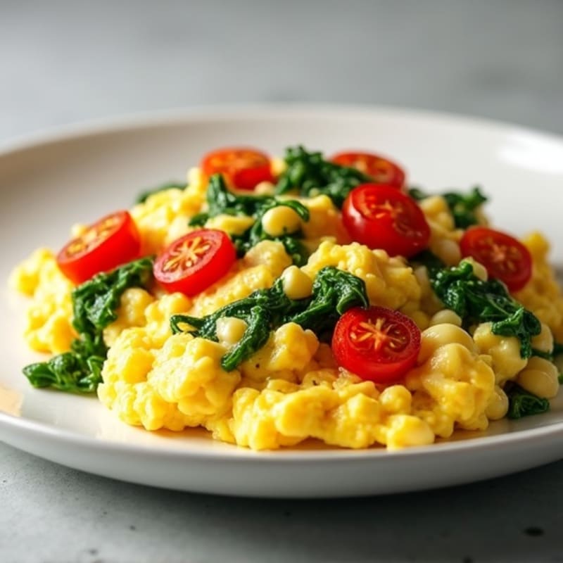 Fluffy Scrambled Eggs with Sautéed Spinach and Cherry Tomatoes