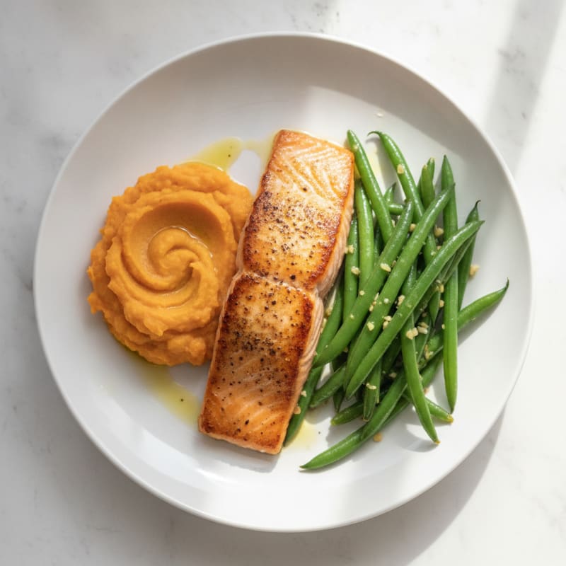Seared Salmon with Garlic Green Beans and Sweet Potato Mash