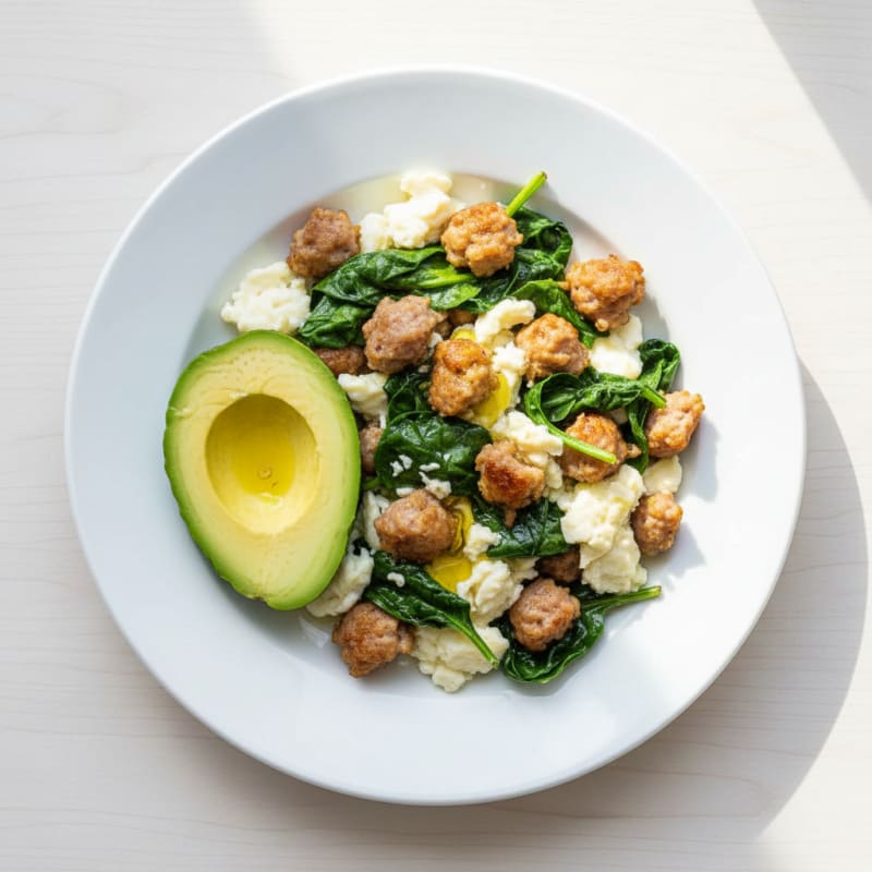 Scrambled Egg Whites with Turkey Sausage and Sautéed Spinach