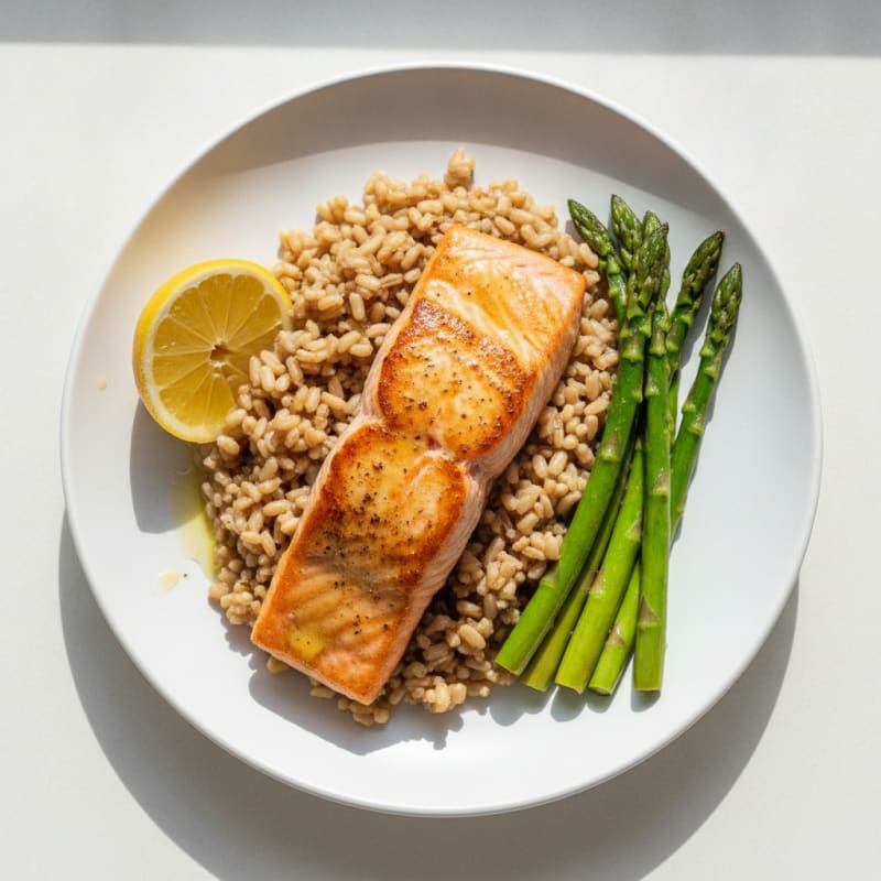 Seared Salmon with Steamed Asparagus and Brown Rice