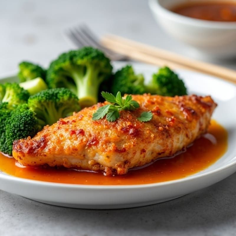 Crispy Baked Chicken with Sweet and Spicy Garlic-Ginger Sauce and Fresh Broccoli