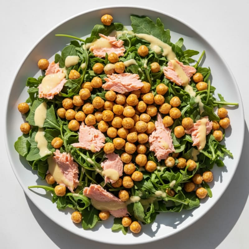 Crispy Chickpea and Smoked Salmon Salad with Lemon Tahini Dressing