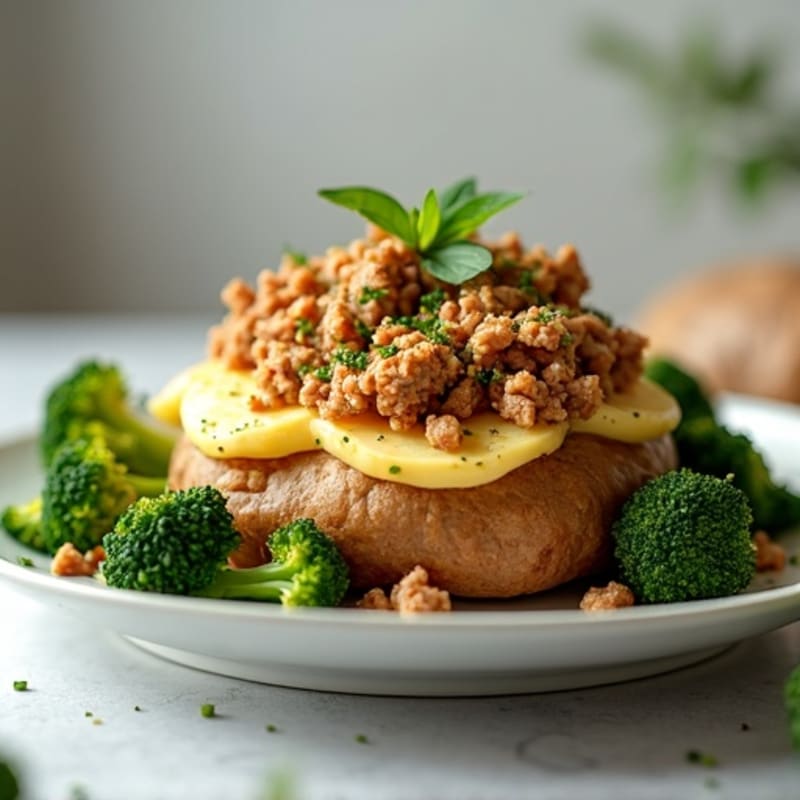 Fluffy Baked Potato with Lean Ground Turkey and Crispy Roasted Broccoli