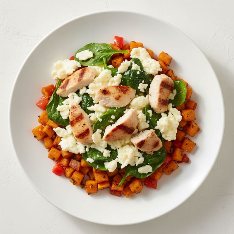 Egg White and Chicken Scramble with Sweet Potato Hash