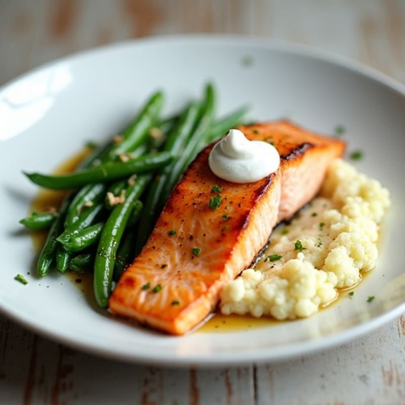 Seared Salmon with Garlic Green Beans and Cauliflower Mash