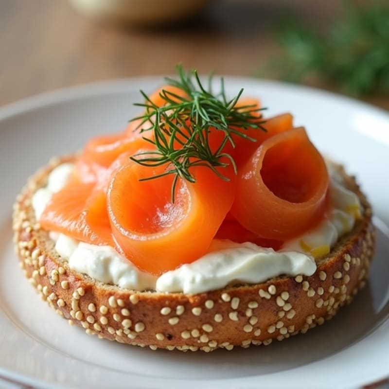 Open-Face Smoked Salmon with Herbed Cream Cheese on Toasted Everything Bagel