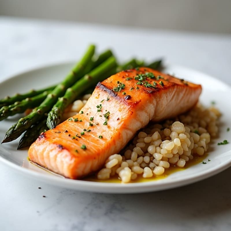 Seared Salmon with Steamed Asparagus and Brown Rice
