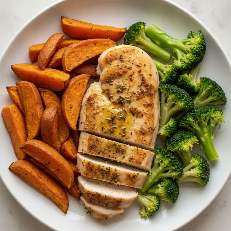 Herb-Baked Chicken Breast with Roasted Sweet Potato and Steamed Broccoli