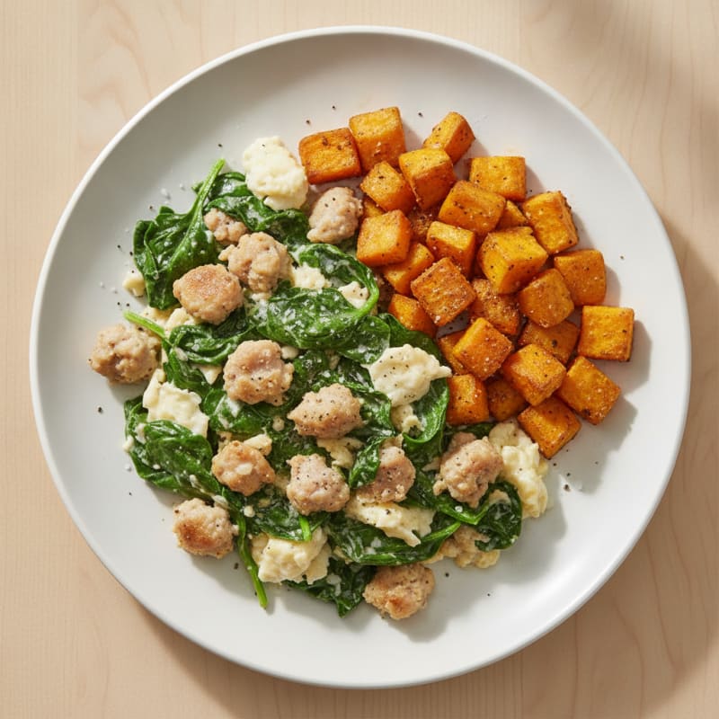 Egg White and Turkey Sausage Scramble with Spinach and Roasted Sweet Potato
