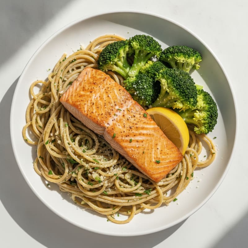 Seared Salmon with Garlic Herb Pasta and Steamed Broccoli