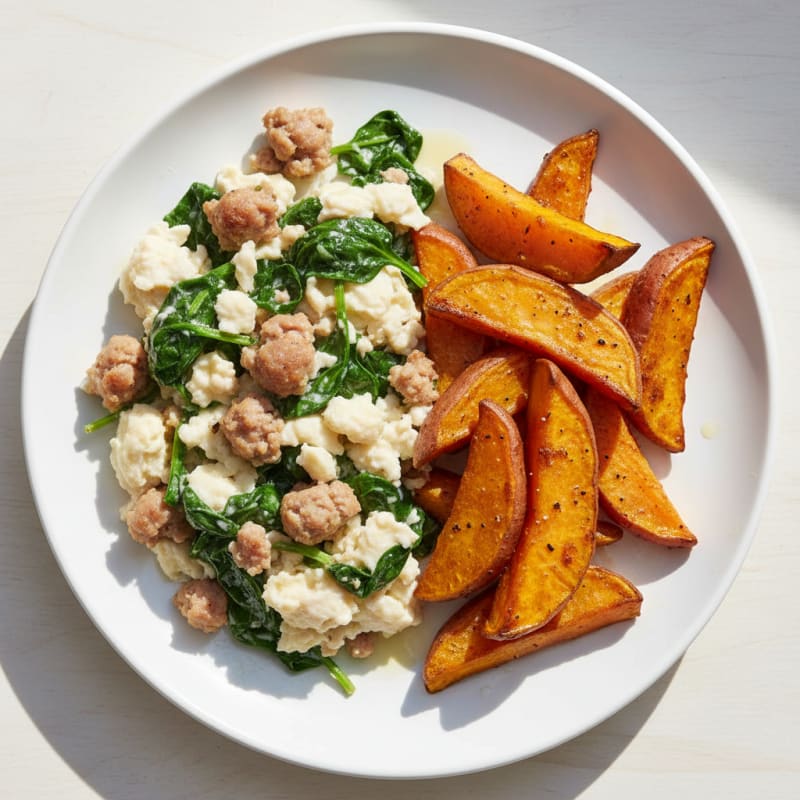 Egg White and Turkey Sausage Scramble with Spinach and Roasted Sweet Potatoes