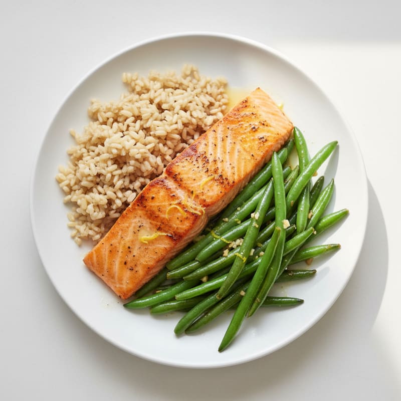 Seared Salmon with Garlic Green Beans and Brown Rice