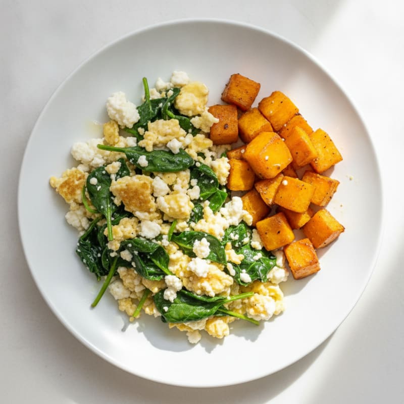 Cottage Cheese Scramble with Spinach and Roasted Sweet Potato